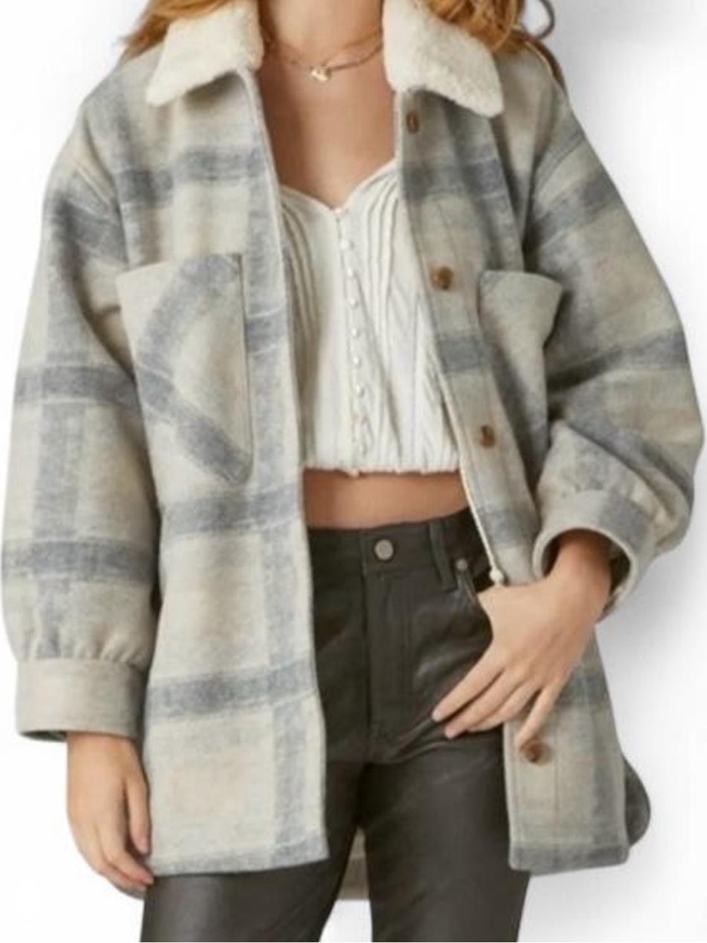 Lucky Brand Gray & Beige Plaid Jacket with Faux Fur Collar